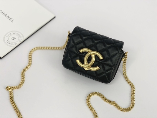 Black Lambskin Leather Branded Messenger Bag Chanel Flap Phone Holder