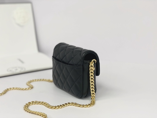 Black Lambskin Leather Branded Messenger Bag Chanel Flap Phone Holder