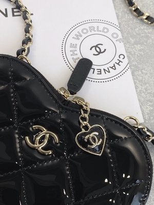 Chain Lacquered Calfskin Preloved Branded Bag Gold Tone Metal Black And White