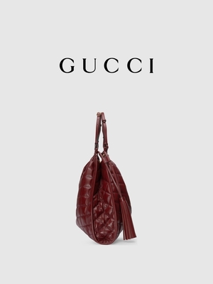 6Inch Crimson Leather Trim Preloved Branded Bag Diana Gucci Handbag